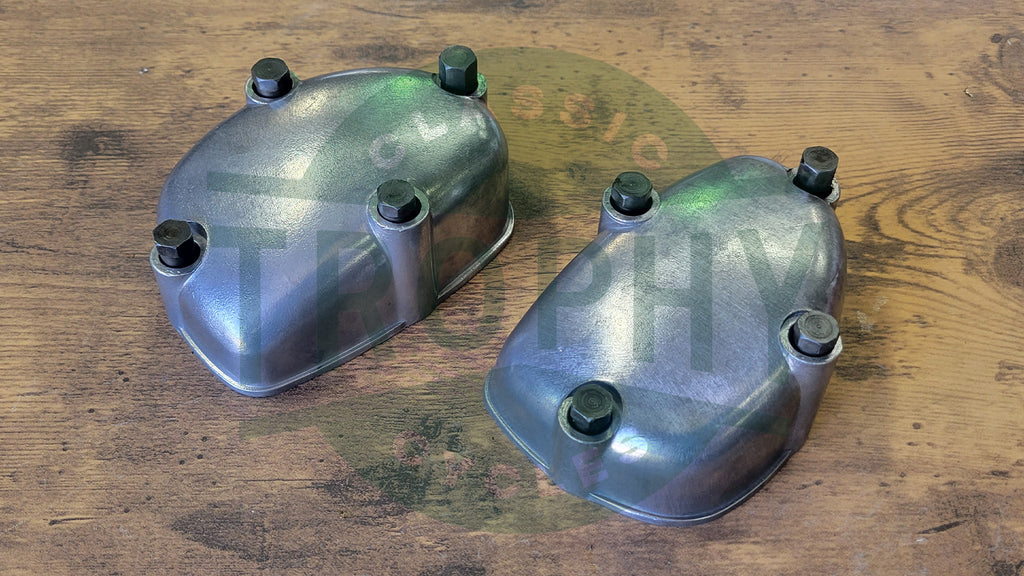 140567 140568 - Royal Enfield 350 500 Valve Rocker Box Covers (2) w/Hardware Used